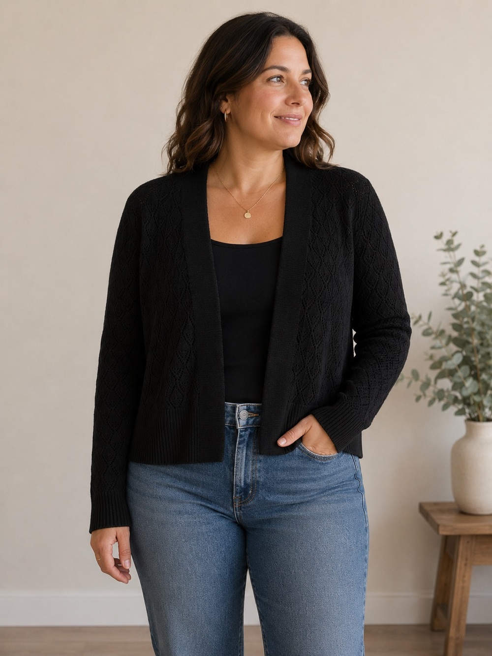 Madison Black Open-Front Knit Cardigan Small
